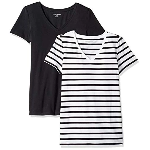 Limited-time offer: Amazon Essentials Women's Regular-Fit Short-Sleeve V-Neck T-Shirt, Pack of 2, White Mariner Stripe/Black, XX-Large from $11.00 to $11.00 (save 0.00%)