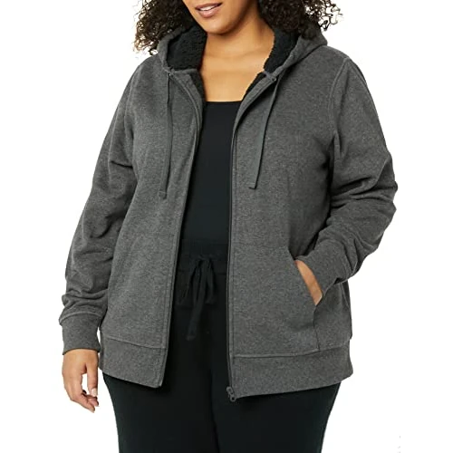 Limited-time offer: Amazon Essentials Women's Sherpa-Lined Fleece Full-Zip Hooded Jacket with Drawstring, Charcoal Heather, X-Small from $25.60 to $25.60 (save 0.00%)