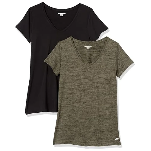 Limited-time offer: Amazon Essentials Women's Active Quick Dry Tech Stretch Short-Sleeve V-Neck Gym T-Shirt (Available in Plus Size), Pack of 2, Black/Olive Space Dye, M from 22.50 GBP to 22.50 GBP (save 0%)