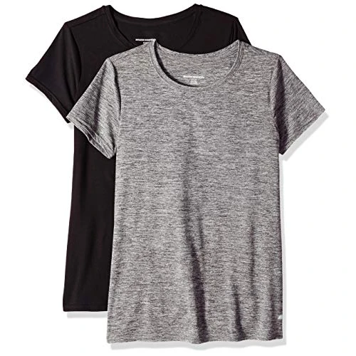 Limitiertes Angebot: Amazon Essentials Damen Active Quick Dry Tech Stretch Kurzarm-T-Shirt mit Rundhalsausschnitt (in Übergröße erhältlich), 2er-Pack, Kohlegrau Space-dye/Schwarz, XL von 16.84 EUR auf 14.31 EUR (Spare 15%)