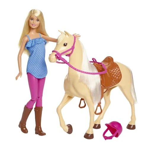 Barbie-Puppe und Pferdespielzeug, Reitzubehör, 1 Puppe und 1 Pferd enthalten, als Geschenk für Kinder ab 3 Jahre geeignet, FXH13