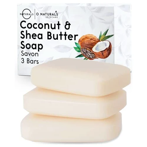 O Naturals Savon Huile de Noix de coco et Beurre de Karite Pour Hydratant Peau Seche Traitement Naturel de l'Eczéma. Savon Eclaircissant Peau Nettoyant Visage-Corps 3pcs 345gr Total Famme et Homme
