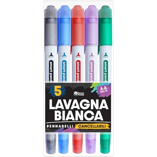 Marqueurs pour Tableaux Blancs par SmartPanda – Double Pointe, Médium et Fine – Effaçable à sec, Parfait pour une Utilisation à la Maison, au Bureau ou à l’ École – Pochette de 5 Couleurs
