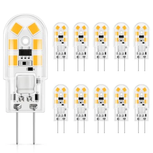 Offerta a tempo: DiCUNO Lampadina LED G4 12V, Bianco caldo 3000K, 1.5W, 160lm, 10 Pezzi | equivalente a 15-20W alogena, Non dimmerabile, Senza sfarfallio, Piccola G4 lampadina per cappa cucina, lampadario - 15% da 14.99 € a 12.74 €