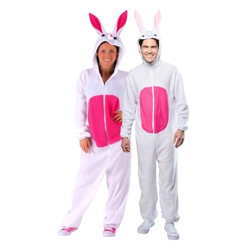 Rubies S8449 - Konijnenkostuum voor volwassenen met ritssluiting aan de voorkant, capuchon en bijgevoegde staart, origineel van Rubies voor Pasen, carnaval en verjaardag, witte kleur met roze details, één maat