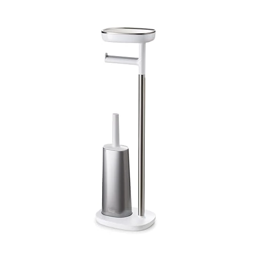 Joseph Joseph EasyStore Plus Standing Paper Holder with Flex Toilet Brush and Shelf, Bathroom Storage, BPA Free, Stainless Steel, 4