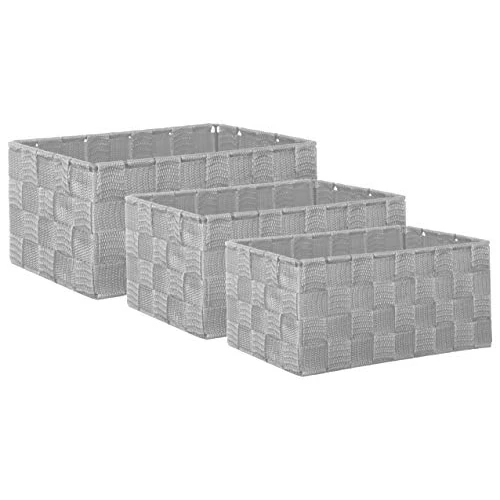 Offerta a tempo: Brandsseller set di 3 Scatole Portaoggetti – 22x15x11 cm, 21x13x9,5 cm, 19x11x8,5 cm – Cestini rettangolari senza coperchio – intrecciati in effetto rattan con struttura in metallo – Grigio Chiaro - 30% da 24.95 € a 17.49 €