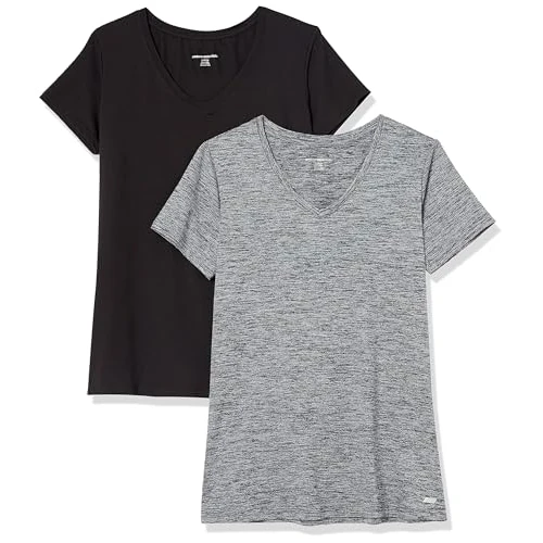 Offerta a tempo: Amazon Essentials T-Shirt Tecnica Scollo V Elasticizzata Asciugatura Rapida (Anche in Taglie Forti) Donna, Pacco da 2, Grigio Scuro Tintura Policromatica/Nero, XS - 0.00% da 9.19 € a 9.19 €