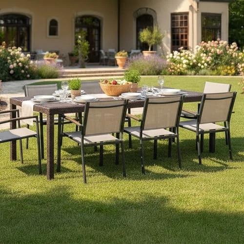 Offerta a tempo: Dmora - Tavolo da esterno Roma, Ripiano rettangolare allungabile da pranzo, Tavolo da giardino estensibile effetto rattan, 100% Made in Italy, 150/220x90h72 cm, Marrone - 7% da 134.99 € a 125.99 €