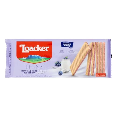 Offerta a tempo: Loacker, Thins, Wafer Finissimi e Croccanti Farciti con una Deliziosa Crema al Mirtillo e Yogurt, Senza Aromi e Coloranti Aggiunti, Ideali a Colazione, Merenda e Snack, 1 Confezione da 150g - 28% da 2.49 € a 1.79 €