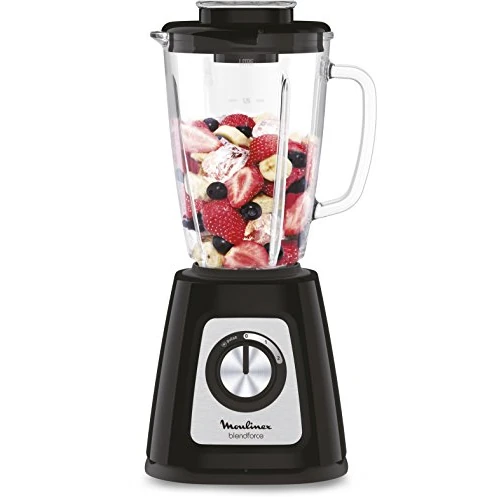 Moulinex Batidora de vaso Blendforce 2 - Jarra de vidrio 1,25 L útil, potencia 800 W, bloqueo inteligente, picadora hielo, smoothies, sopas, salsas, cremas para untar, granizados, color negro, LM4308