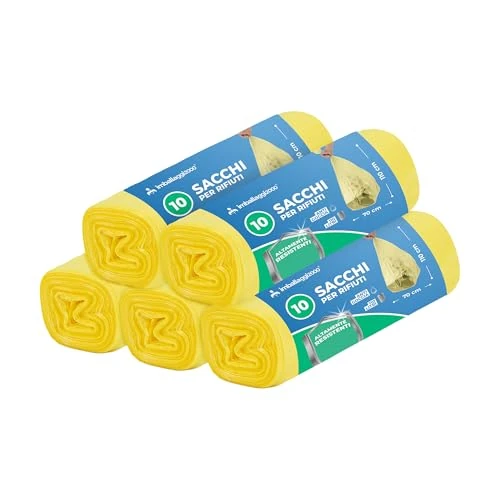 Offerta a tempo: IMBALLAGGI 2000 - Sacchetti Spazzatura 70x110 (110L) in Plastica Riciclata Gialli, 5 Rotoli x 10 Sacchi Spazzatura Raccolta Differenziata Interno, Tot 50 Sacchetti Tutti Rifiuti Resistenti Rinforzati - 0.00% da 15.29 € a 15.29 €