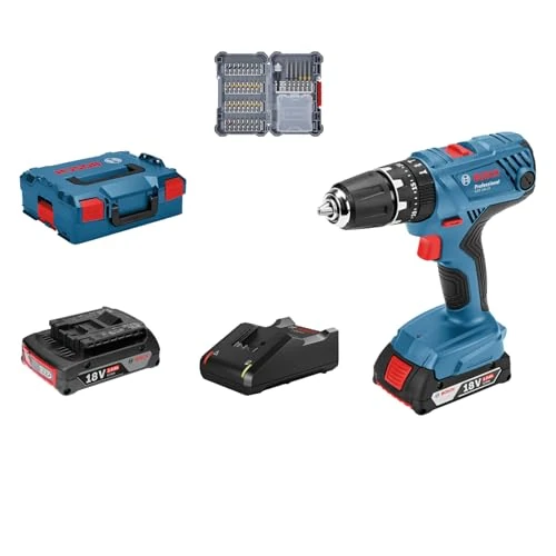 Bosch Professional System profesjonalny 18 V firmy : akumulatorowa wiertarko-wkrętarka udarowa GSB 18V-21 (2 akumulatory 2,0 Ah, 40-częściowy zestaw osprzętu, walizka L-BOXX) – zestaw Amazon Exclusive