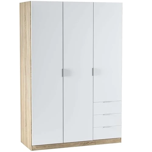 Habitdesign LC1323F kledingkast met drie deuren en drie laden, afmetingen 121 x 180 x 52 cm, Artik/Canadees eiken