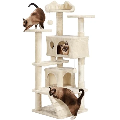 Yaheetech Scratching Post for Cats 139 cm with 3 Scratching Poles, 3 Perches, 2 Cave, 2 Multi-Level Plush Pompoms Toy Play Beige