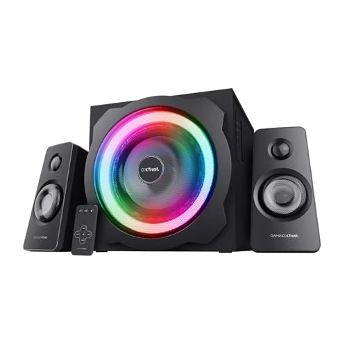 Offerta a tempo: Trust Gaming 2018 Tytan GXT 629 Set Altoparlanti con Subwoofer 2.1, Illuminazione RGB, 120 W, Casse PC da con Telecomando Wireless per Computer, Portatile, Tablet, Smartphone - Nero - 30% da 114.99 € a 79.99 €
