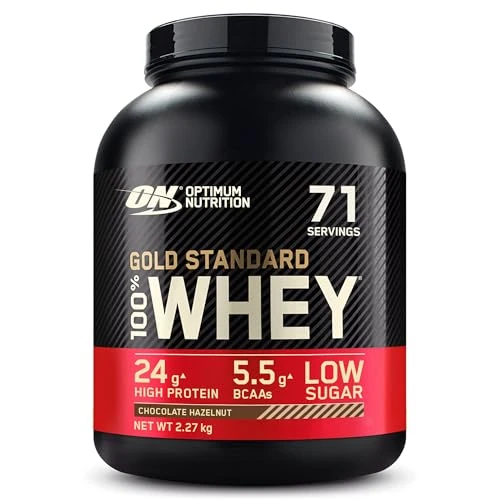 Optimum Nutrition Gold Standard Whey Muscle Building and Recovery Protein Powder with Naturally Occurring Glutamine and Amino Acids, Chocolate Hazelnut, 71 Servings, 2.27kg, Packaging May Vary