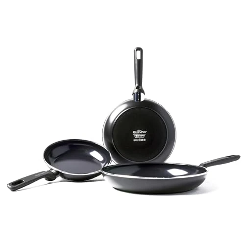 GreenPan Frying Pan Set, Non Stick, Toxin Free Ceramic Pans - Induction & Oven Safe - 20/24/28 cm, 3 pcs, Black