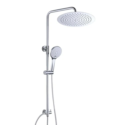 JOHO 304 Colonna Doccia idromassaggio Doccia Colonna in Acciaio INOX Cromo Colonna Doccia Senza Miscelatore Set Doccia a Pioggia con Soffione e Doccetta a Mano (D25cm tondo)
