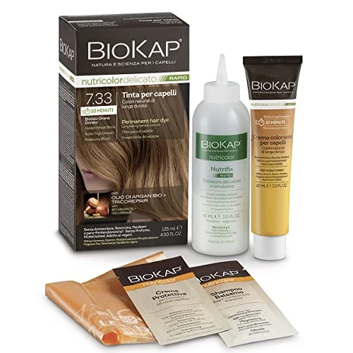 BIOKAP RAPID Permanent Hair Colour 7.33 Golden Wheat Blonde | Only 10 Minutes Reaction Time | Organic Argan Oil - TricoREPAIR Complex - Vegan | Optimal Grey Coverage | Up to 80% Natural Ingredients