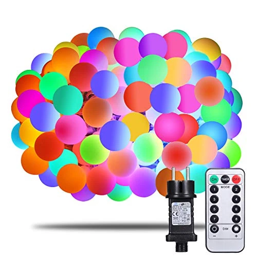 Oferta ograniczona: Kolorowy łańcuch świetlny, 100 kulek LED, łańcuch świetlny 13 m, do użytku wewnątrz i na zewnątrz, z pilotem zdalnego sterowania, RGB, możliwość rozszerzenia, funkcja pamięci, 8 trybów z 20.99 EUR na 14.46 EUR (znizka 31%)