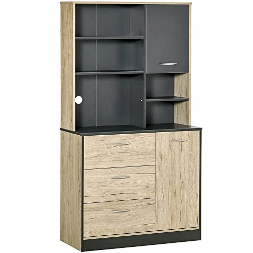 HOMCOM IT835-0670631 Buffet with Hutch, Madera de ingeniería, Roble, Gris, 90 x 39 x 169 cm, 90 × 39 × 169cm, 27 Unidades