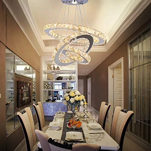 Limited-time offer: diisunbihuo 3-Ring Crystal Chandelier, Adjustable LED Pendant, Warm White from 65.83 £ to 62.54 £ (save 5%)