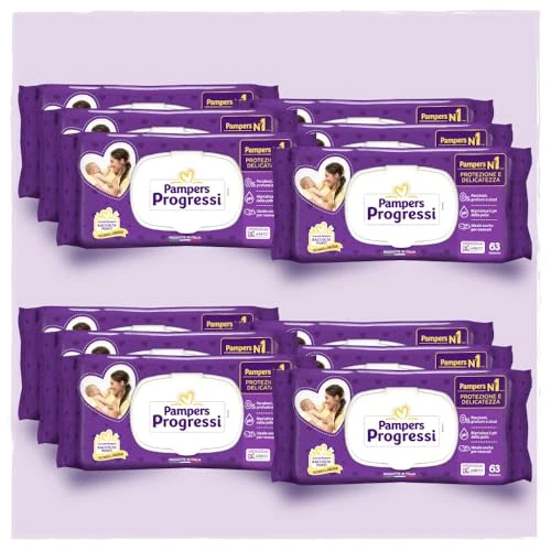 Pampers Progressi Salviette neonato, 756 unità (12 confezioni) - Salviettine ideali per neonati pelli delicate - protegge da irritazioni - formula idratante pulizia profonda - senza profumi aggiunti