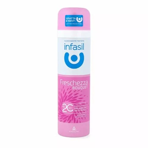 Offerta a tempo: Infasil Deodorante Spray Freschezza Bouquet, Deodorante Donna con Molecola 2C e Betaciclodestrina che Assorbe gli Odori Sgradevoli, Senza Alcol, Efficace Fino a 24h, Profumo Floreale, 150 ml - 33% da 2.99 € a 1.99 €