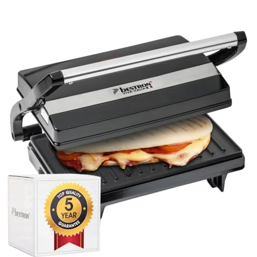 Offerta a tempo: Bestron Piastra Tostapane, Griglia per panini con vassoio di raccolta, macchina per panini con impugnatura cool-touch e rivestimento antiaderente, 700 watt, Colore: Nero - 18% da 27.99 € a 22.99 €