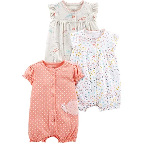 Simple Joys by Carter's Baby Girls' Snap-Up Rompers, Pack of 3, Rose/White/Beige, 0 Months