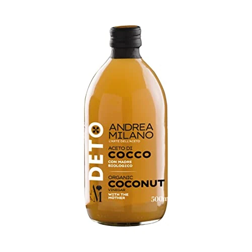 Deto Andrea Milano, Vinaigre de coco bio avec mère, fabriqué à partir de sève fermentée de noix de coco, non filtré ni pasteurisé, arôme doux et goût sucré, fabriqué en Italie, 500 ml