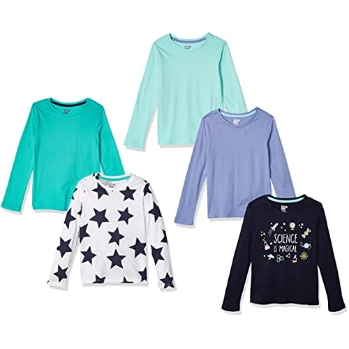 Amazon Essentials Camisetas Manga Larga Niña, Pack de 5, Multicolor/Estrellas, 8 años