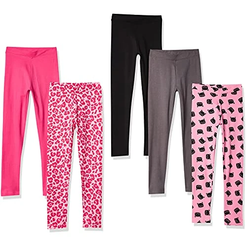 Amazon Essentials Legging Fille, Lot de 5, Chat/Gris Foncé/Impriméanimaux/Noir/Rose, 3 Ans