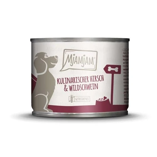MjAMjAM - premium natvoer voor honden - culinair hert & wild zwijn met veenbessen, pak van 6 (6 x 200 g), graanvrij met extra vlees