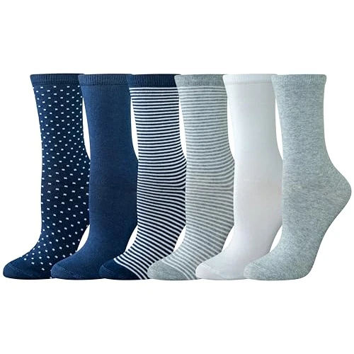 Amazon Essentials Calzini da donna, cotone, 6 paia, multicolore/punti/tinta unita/strisce, 6-9