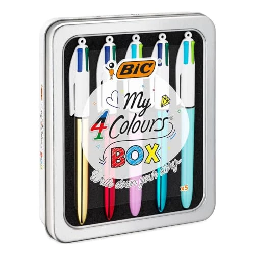 Offerta a tempo: BIC 4Colori Box, Confezione Metallica di 5 Penne Multicolore a Sfera, Fusti Assortiti, Cancelleria Scuola e Università, Idea Regalo - 28% da 19.62 € a 14.05 €