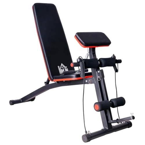 Homcom - Banco multifuncional ajustable para pesas abdominales, dorsales, mancuernas, bandas elásticas para entrenamiento completo
