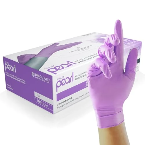 UNIGLOVES Violet Pearl Nitril-Untersuchungshandschuhe - vielseitig einsetzbar, puderfreie und latexfreie Einweghandschuhe - Box mit 100 Handschuhen, Violett, Mittel (GP0073)