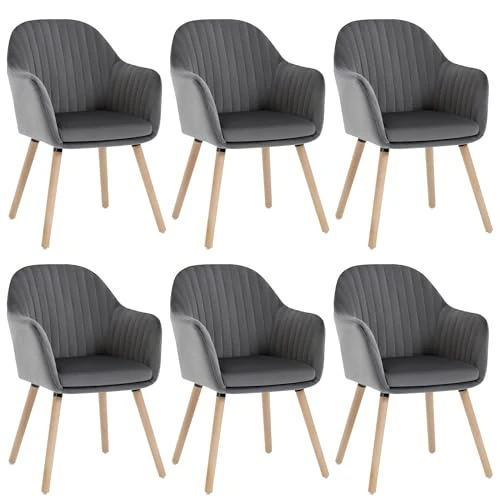 WOLTU Dining Chairs Set of 6, Bedroom Chairs, Upholstered, with Arms, Backrest, Solid Wood Legs, Tub Armchairs, Grey