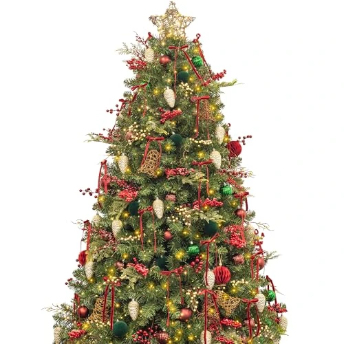 Busybee 7ft Artificial Christmas Tree with 400 LEDs Lights and Assorted Ornaments Christmas Decorations including Full Artificial Xmas Tree Topper Baubles Ornaments USB LED String Lights