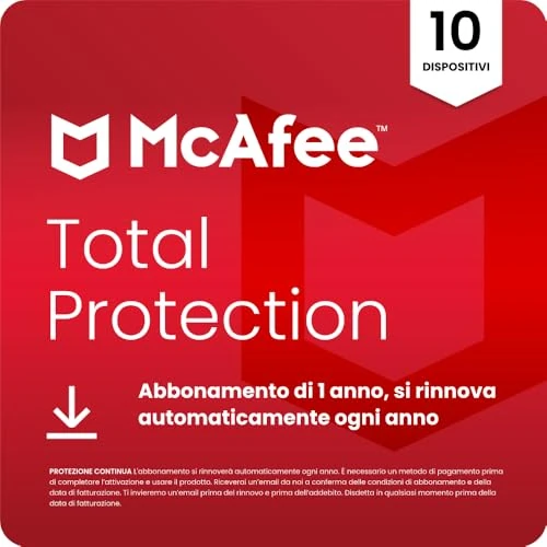 Offerta a tempo: McAfee Total Protection - 10 Dispositiv 2026 | Antivirus, VPN gestore delle password, software di sicurezza, monitoraggio dell'identità | Abbonamento di 1 anno con rinnovo automatico, Scarica - 75% da 85.60 € a 21.00 €