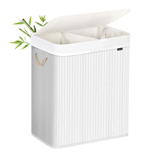 Offerta a tempo: SONGMICS Cesto Portabiancheria, 100 L, Cesta Biancheria a 2 Scomparti in Bambù, Coperchio, Maniglie, Pieghevole, Sacco Rimovibile e Lavabile in Lavatrice, Lavanderia, Casa, Bagno, Bianco LCB64WT - 19% da 27.99 € a 22.60 €