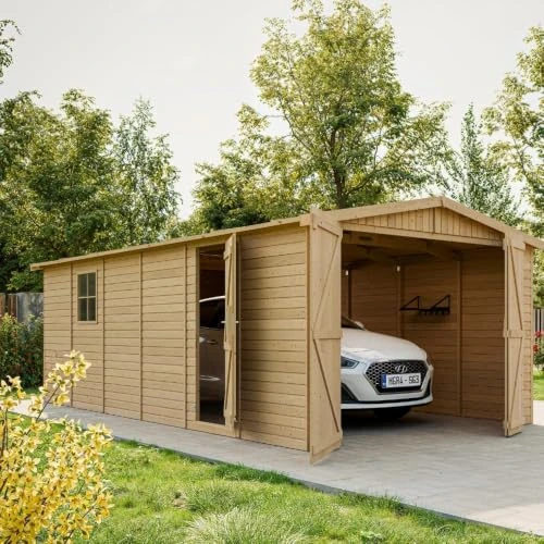 Offerta a tempo: Garage in legno naturale A222x616x324 cm/18 m2- Magazzino esterno con finestre - Capanno da giardino - per auto, bici, deposito attrezzi e rimessa - TIMBELA M102 - 0.00% da 1799.00 € a 1799.00 €