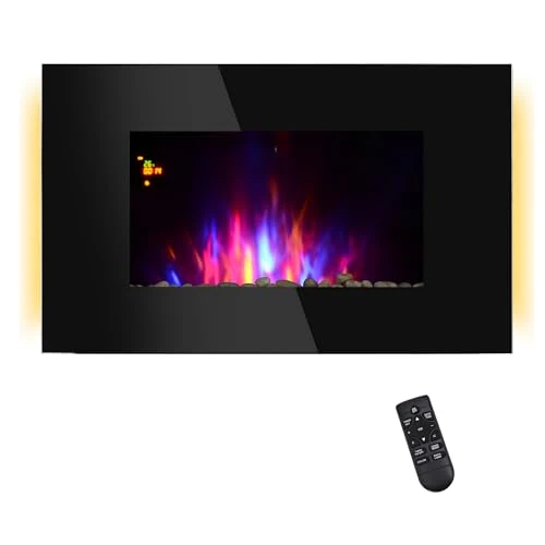 HOMCOM Cheminée électrique Murale Puissance 1000W/2000W Effet de Flamme 7 Couleurs avec télécommande 90 × 9.5 × 56cm