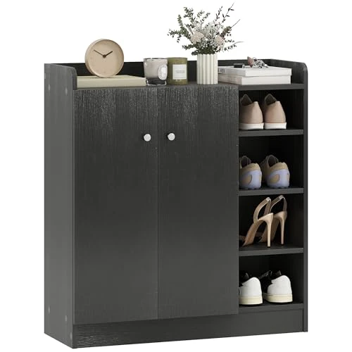 HOMCOM Ruimtebesparende en moderne schoenenkast van hout voor 12 paar schoenen, zwart