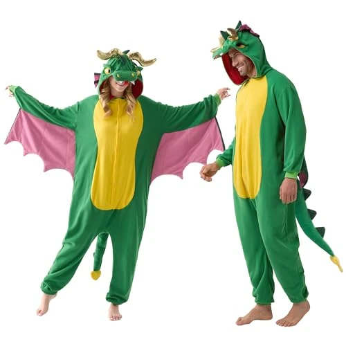 Tijdelijke aanbieding: Spooktacular Creations Unisex Adult Jumpsuit Pluche Jumpsuit Jumpsuits Drakenkostuum met Hoed en Roze Vleugels voor Verkleedfeest Rollenspel Themafeesten Halloween Kostuum (L) van 34.99 € naar 34.99 € (0.00% korting)