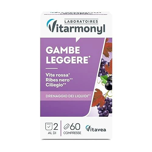 Gambe Leggere - Integratore drenante con Estratto di Vite Rossa, Ribes Nero, Ciliegio - Favorisce la funzionalità del microcircolo e il drenaggio dei liquidi - Confezione da 60 compresse - Vitarmonyl