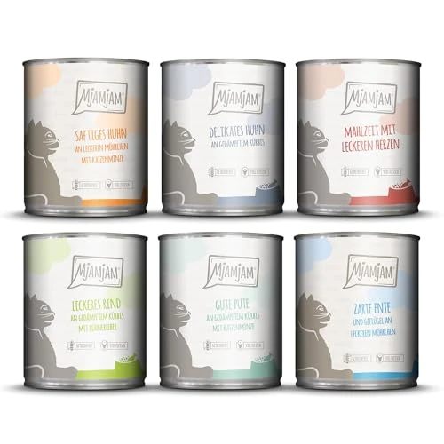 MjAMjAM Cibo umido premium per gatti, confezione mista III, pollo e zucca, tacchino, anatra e pollame, cuori, pollo, manzo, confezione da 6 (6 x 800 g), senza cereali con carne extra