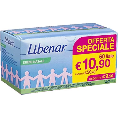 Offerta a tempo: Libenar Soluzione Isotonica, Soluzione Fisiologica Salina per Detersione di Naso, Occhi, Orecchie e per l'Inalazione in Aerosol, Adatto a Neonati e Bambini, Flaconcini Monouso da 5 ml - 60 Flaconcini - 25% da 10.90 € a 8.18 €